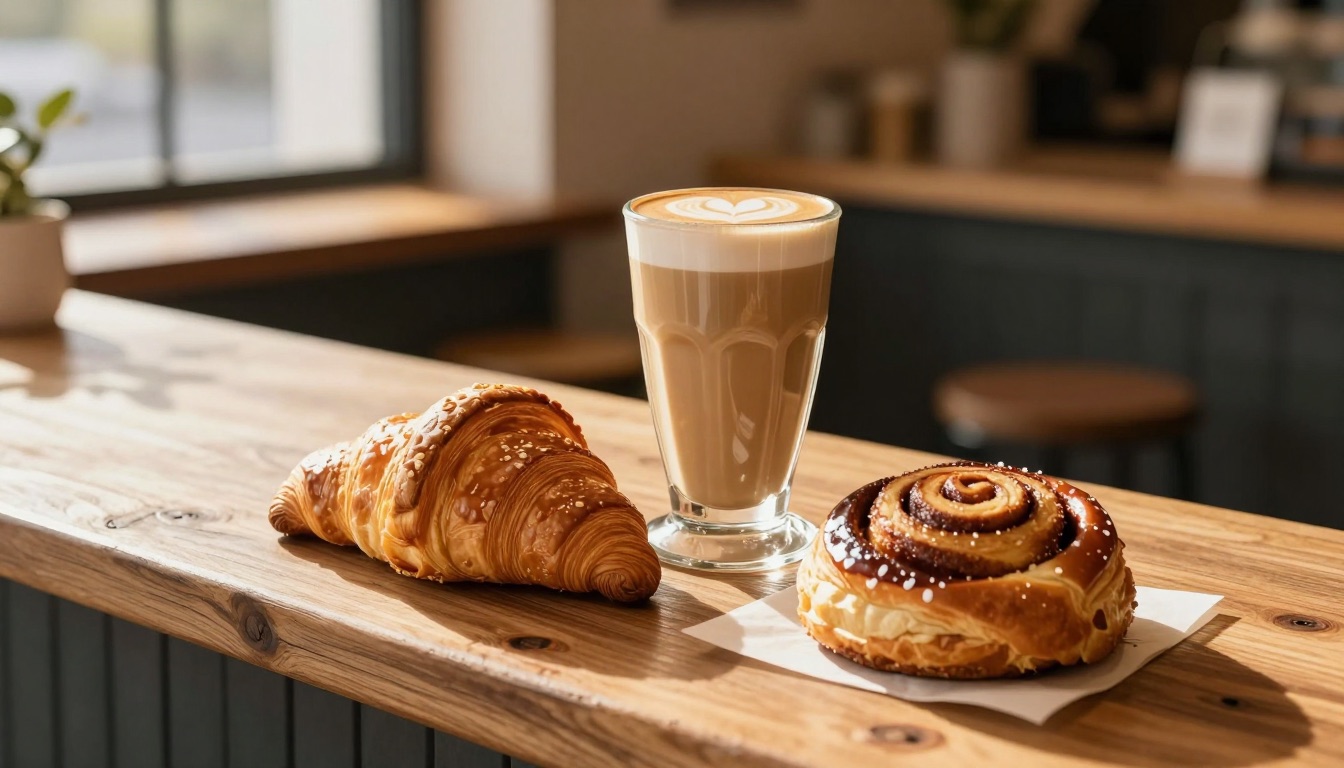 AI-generated coffee shop visual: latte and pastries on a wooden counter
