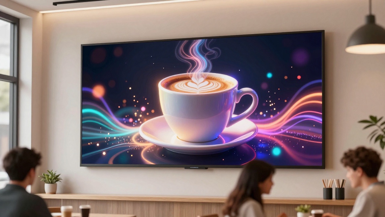 Digital signage screen in a cafe showing an AI-generated visual