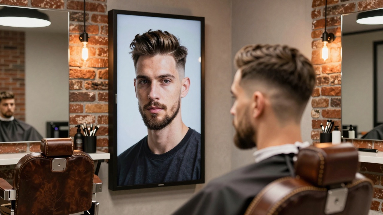 Barbershop interior with a vertical screen showing an AI-generated portrait of a fresh haircut