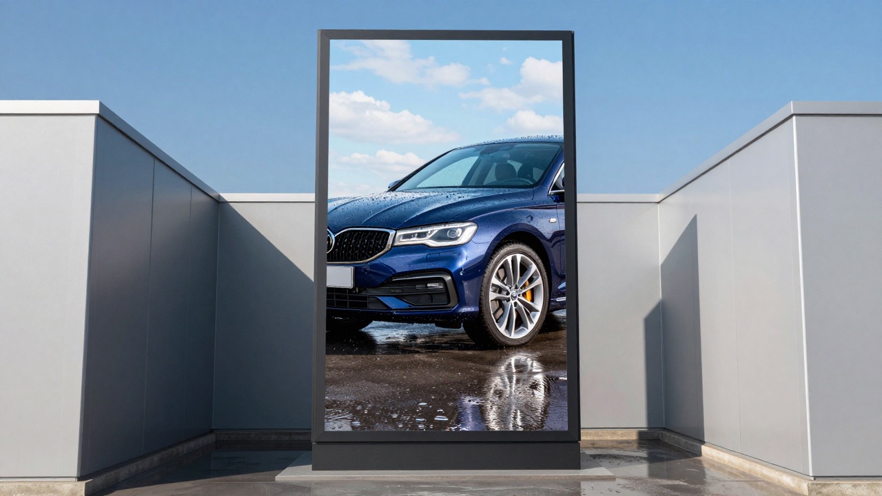 Small car wash on a sunny day with a vertical roadside screen showing an AI-generated gleaming car