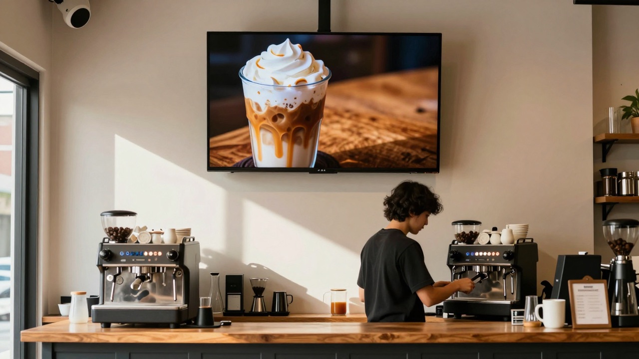 Small coffee shop with a TV above the counter showing an AI-generated drink visual