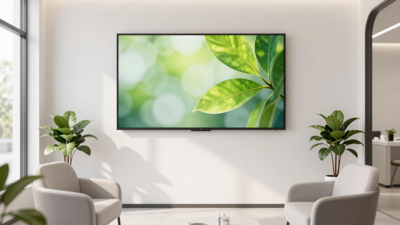Bright dental clinic waiting room with a wall screen showing a calm AI-generated nature visual