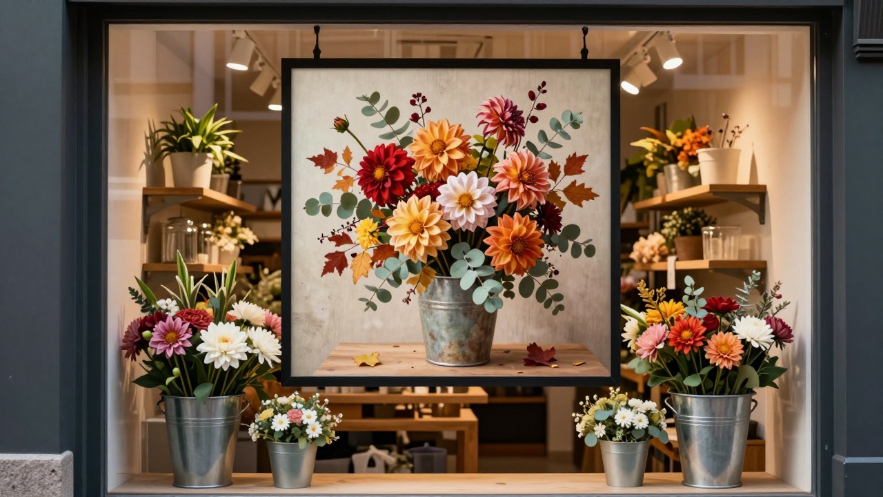Small flower shop with a screen in the window showing an AI-generated autumn bouquet